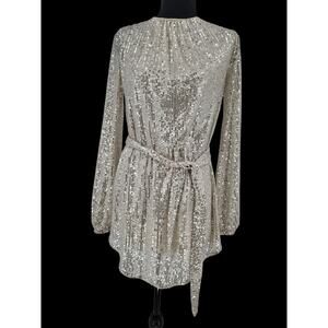Silver Sequin Long Sleeve Mini Dress Size S Belted Glitter Glam Party NYE Size S
